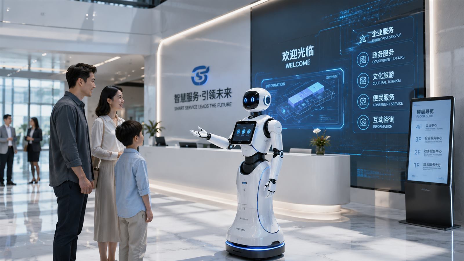 服务机器人在企业接待大厅为访客提供导览服务